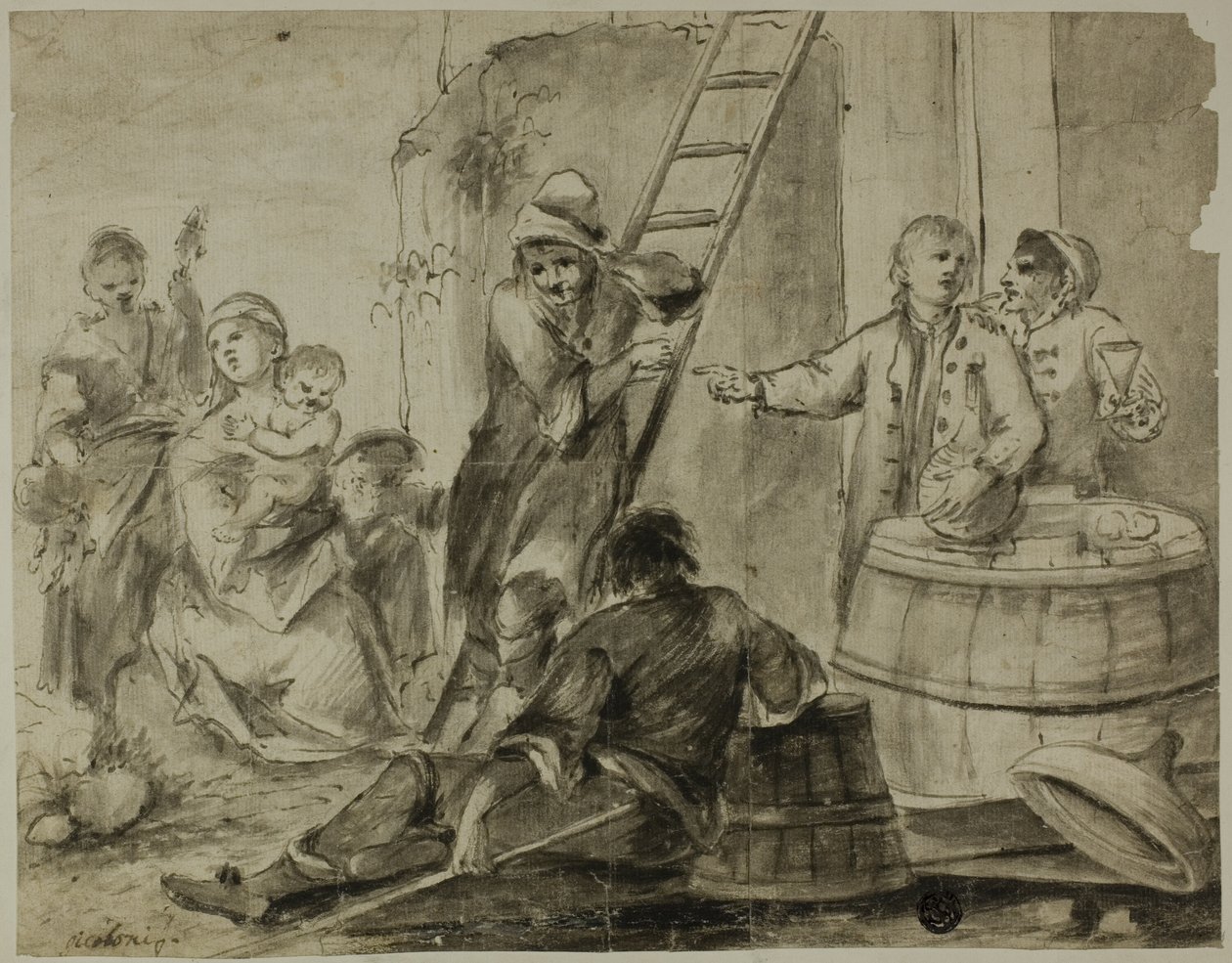 Rustic Scene: Men, Women and Children Resting and Drinking Outside Building by Giorgio Giacoboni