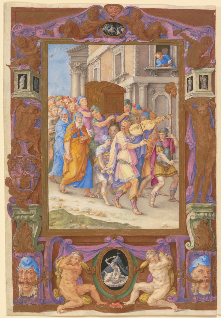 King David Dancing before the Ark of the Covenant, in a Decorative Frame by Giorgio Giulio Clovio