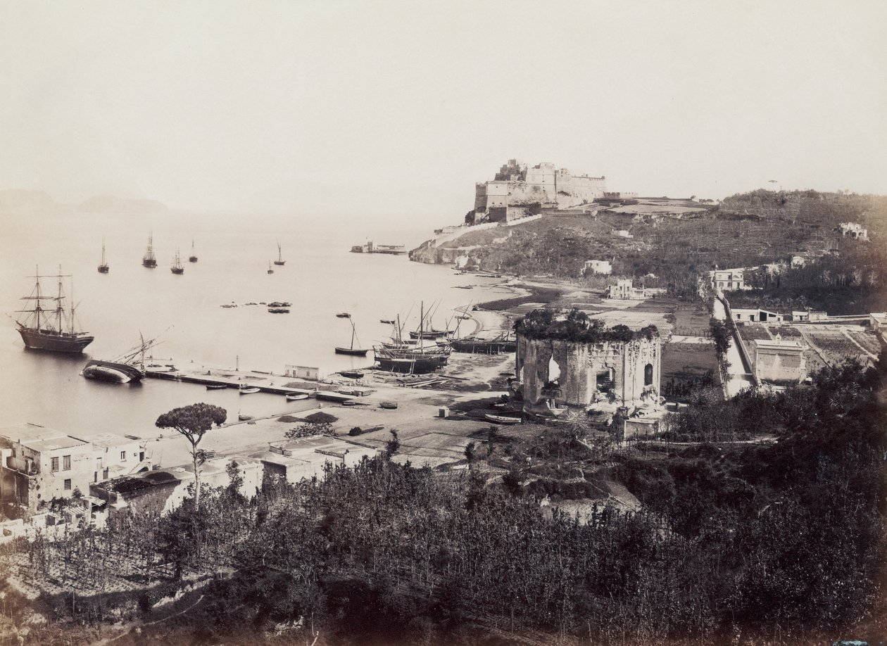 Panorama of the picturesque Gulf of Baia, dotted with sailboats. In the foreground, opposite the small wharf, is the Temple of Venus. In the background, perched on a promontory, is the Sixteenth century Castle of the Viceroy by Giorgio Sommer
