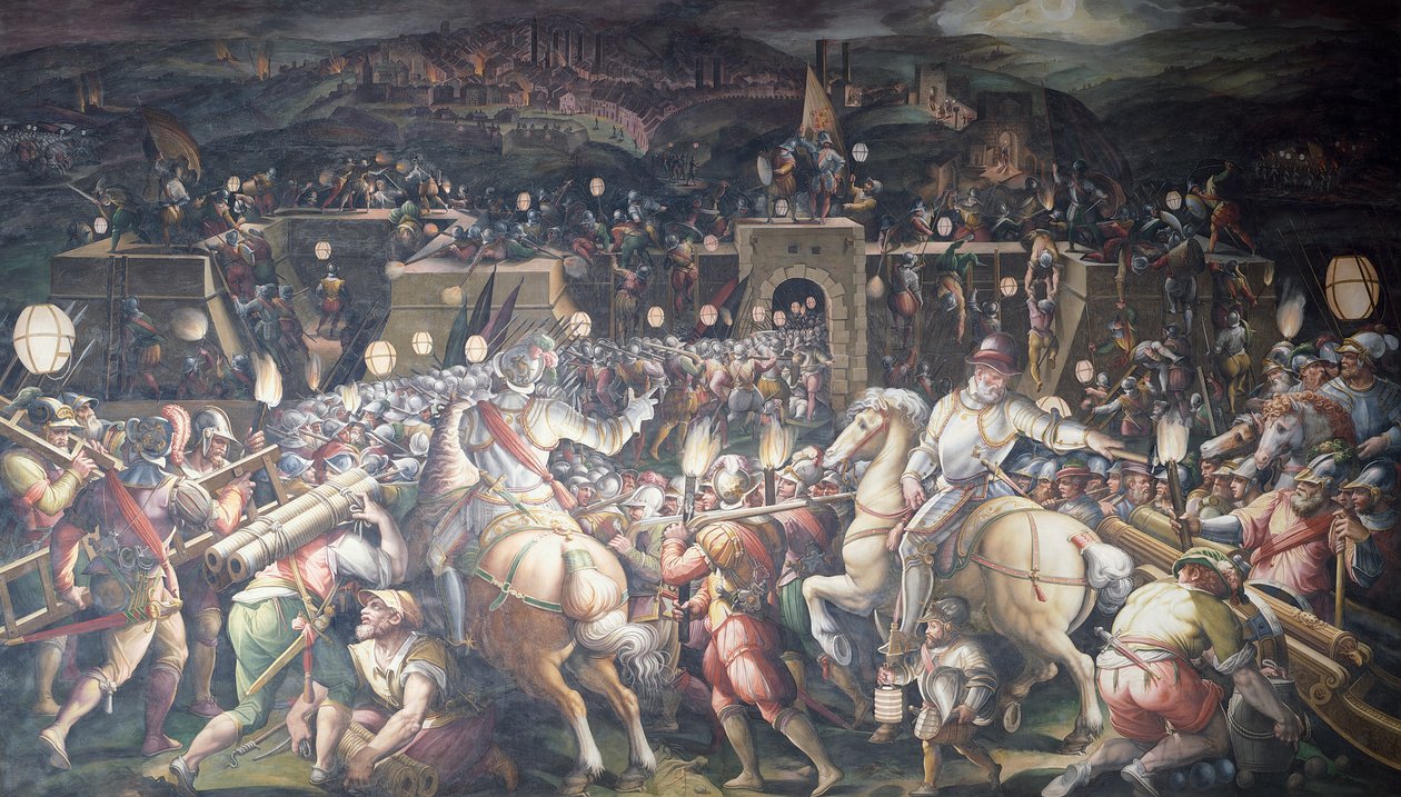 Italy, Florence, Palazzo Vecchio (Old Palace), Salone dei Cinquecento, Taking of Fort near Port Camollia in Siena by Giorgio Vasari