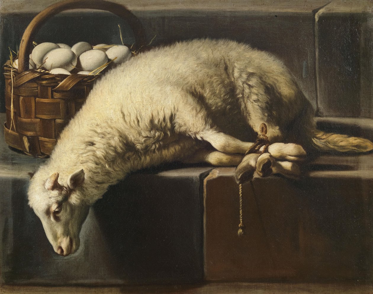 A ligated lamb besides a basket of eggs Allegory of Easter by Giovan Battista Recco