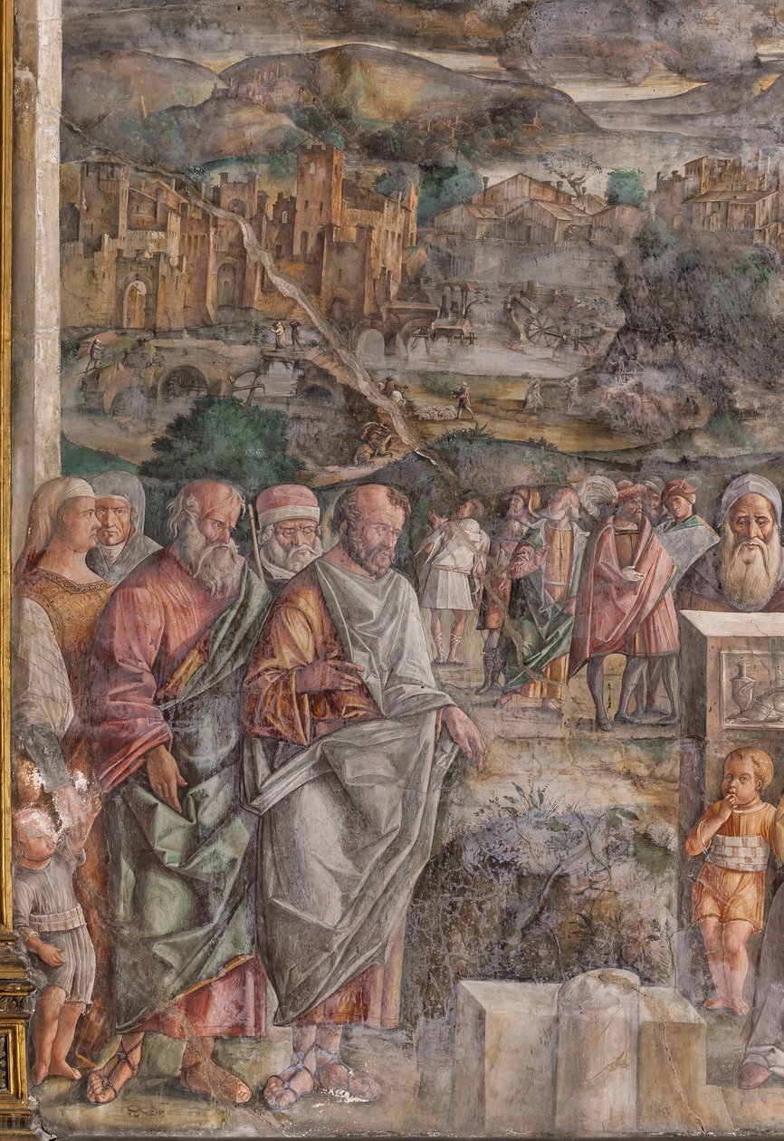 St Anthony arriving in Padua, where he restores peace between the citizens with the strength and sweetness of his preaching, School of the Saint (detail) by Giovanni Antonio Corona