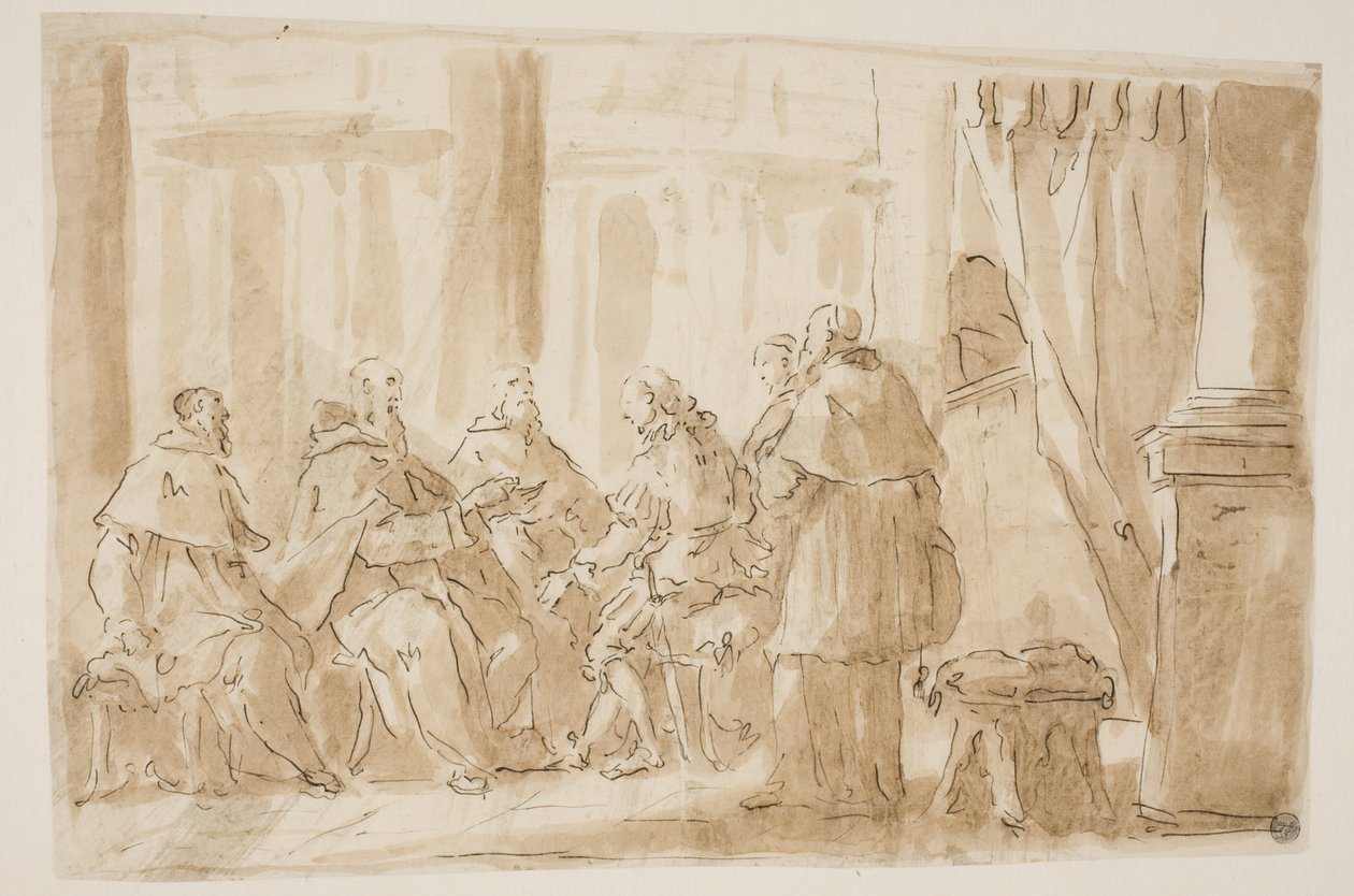 A group of five clergymen speaking with a layman by Giovanni Antonio Pellegrini