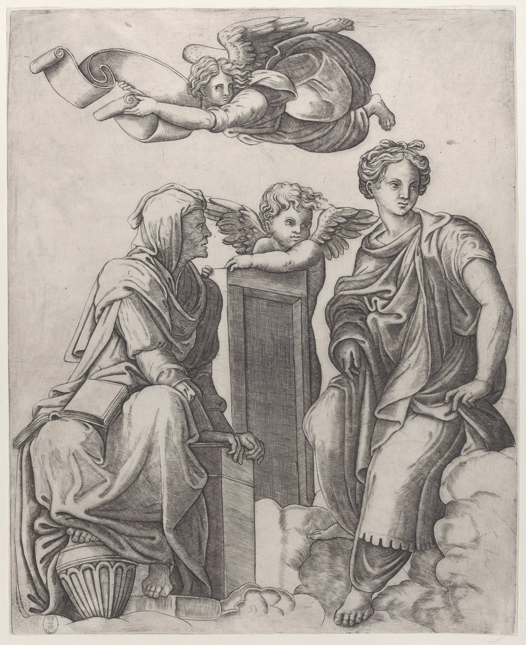 Two Female Figures Seated in the Clouds Flanking an Angel and Another Flying Above by Giovanni Antonio da Brescia