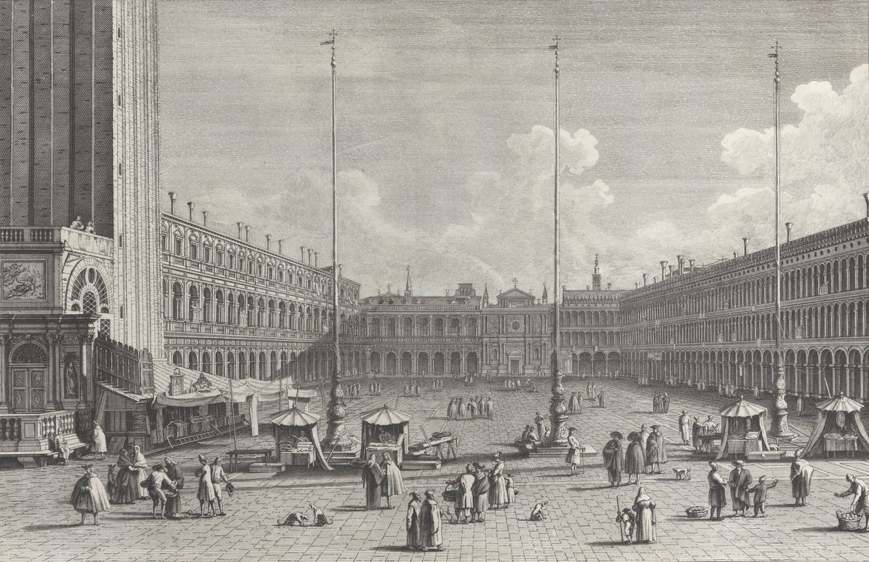View of Piazza San Marco, with the church of San Geminiano at the far end, and figures and... by Giovanni Battista Brostoloni