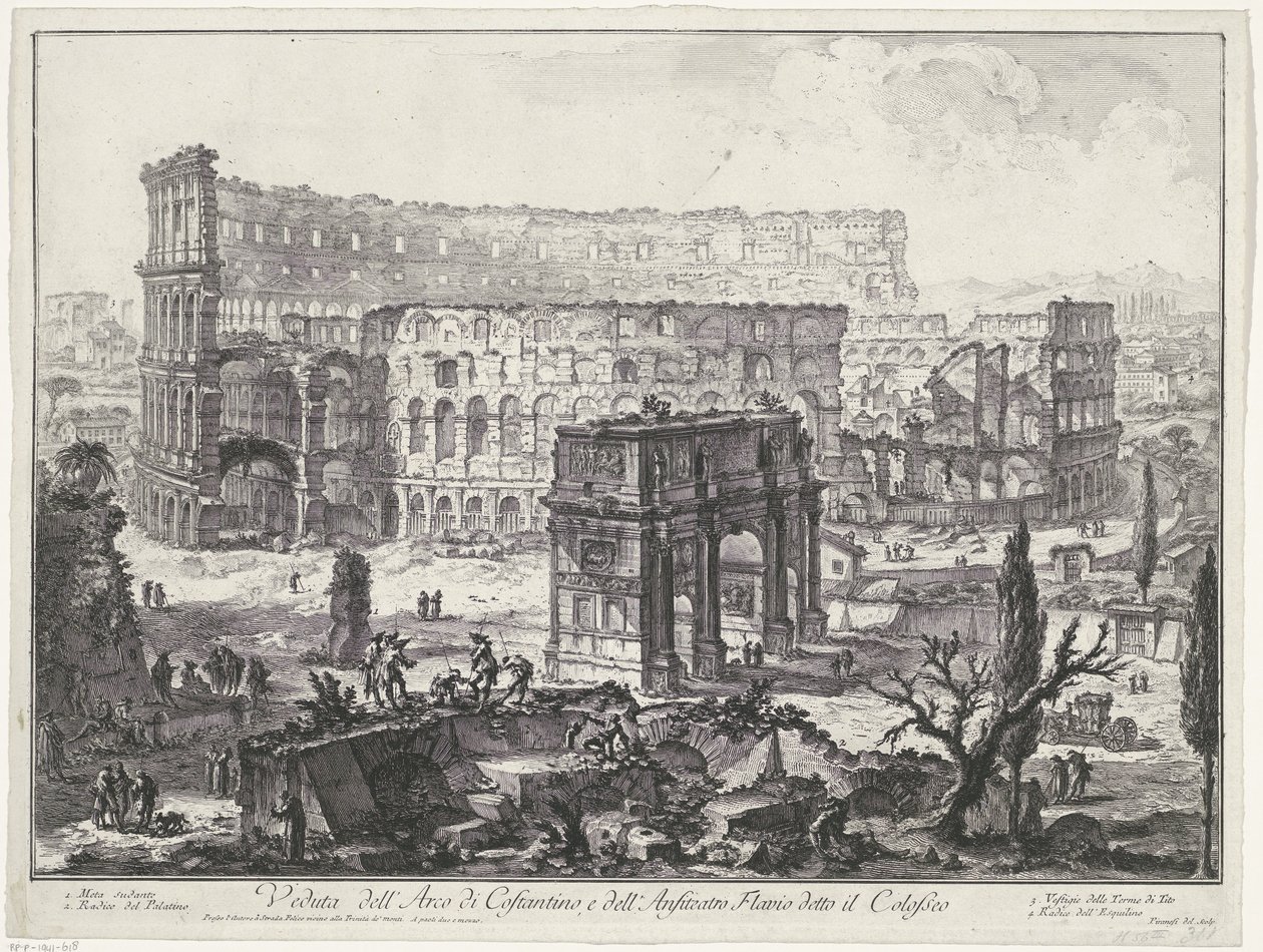 Arch of Constantine and the Colosseum in Rome (title on object) Views of Rome (series title) by Giovanni Battista Piranesi