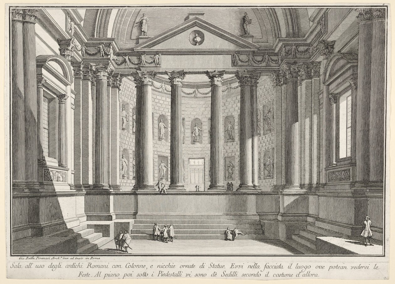 Plate 9: Colonnaded Hall According to the Custom of the Ancient Romans, and Niches Adorned by Giovanni Battista Piranesi
