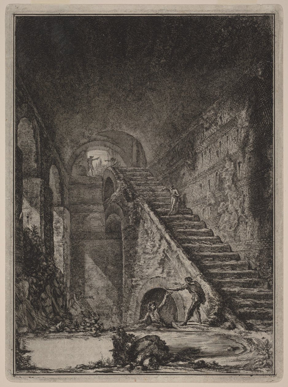 Perspective of the Water Reservoir Staircase, previously mentioned accommodations, indicated in plan in Table XIII with letter G. by Giovanni Battista Piranesi