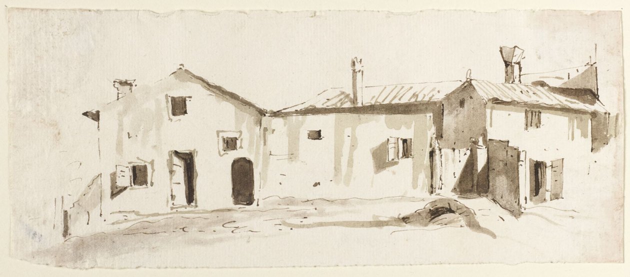 Farm Buildings with Open Doors, Bridge and Gate by Giovanni Battista Tiepolo