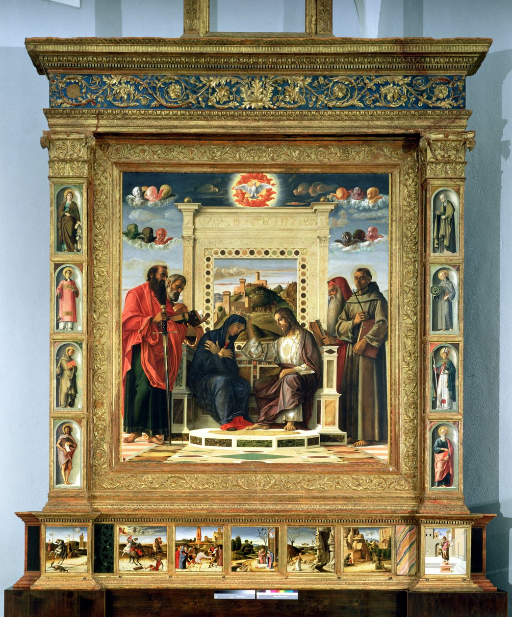 Coronation of the Virgin with SS. Paul, Peter, Jerome and Francis of Assisi with scenes from the lives of the saints in the predella panel, known as the Pala di Pesaro altarpiece by Giovanni Bellini