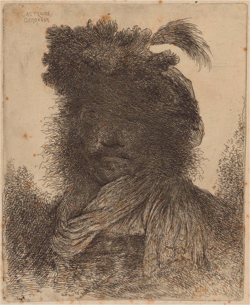 Bearded Man with Shadowed Face, Wearing a Scarf and a Plumed Hat by Giovanni Benedetto Castiglione