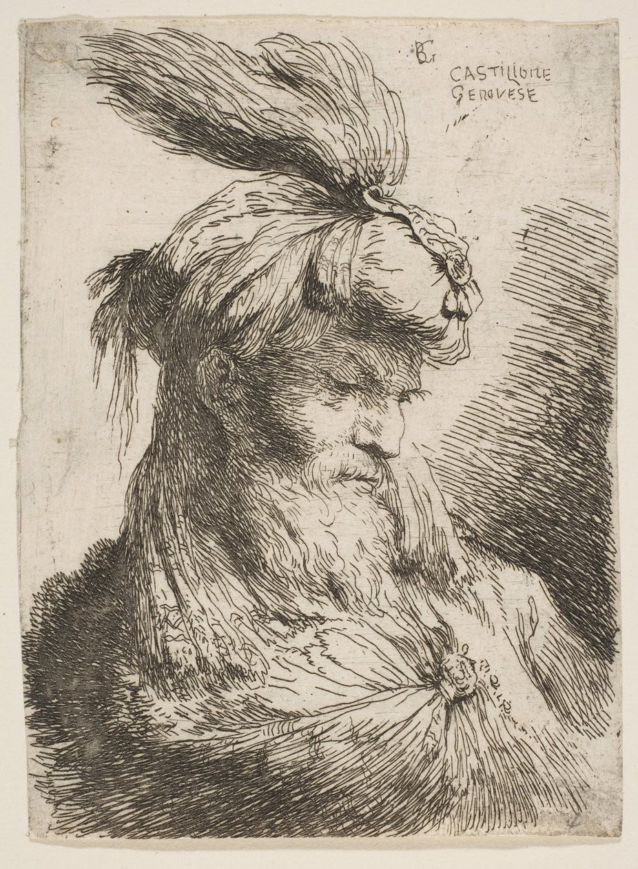 Head of a Bearded Man with a Turban Facing Right, from the Series of Small Heads... by Giovanni Benedetto Castiglione