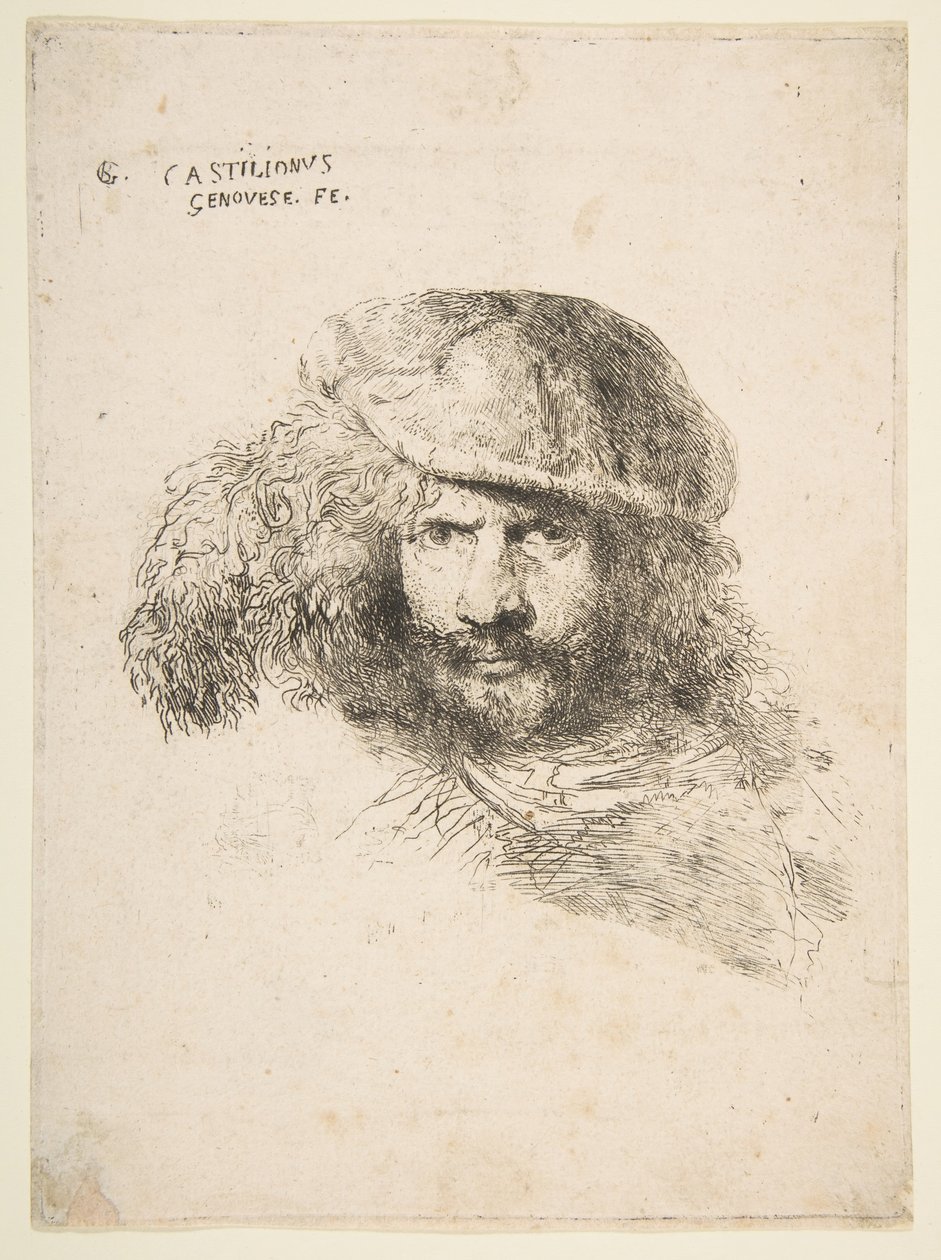 Head of a Man Wearing a Feathered Cap, Possibly Bernini, Possibly a Self Portrait by Giovanni Benedetto Castiglione