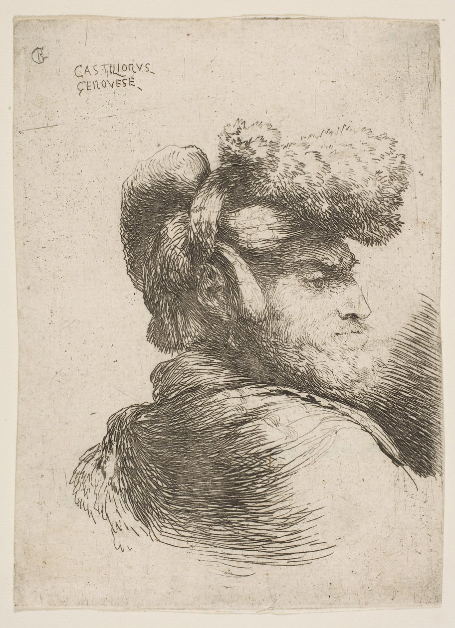 Man in profile facing right, wearing a fur hat, from series of Small Heads, ca. 1645-1650 by Giovanni Benedetto Castiglione