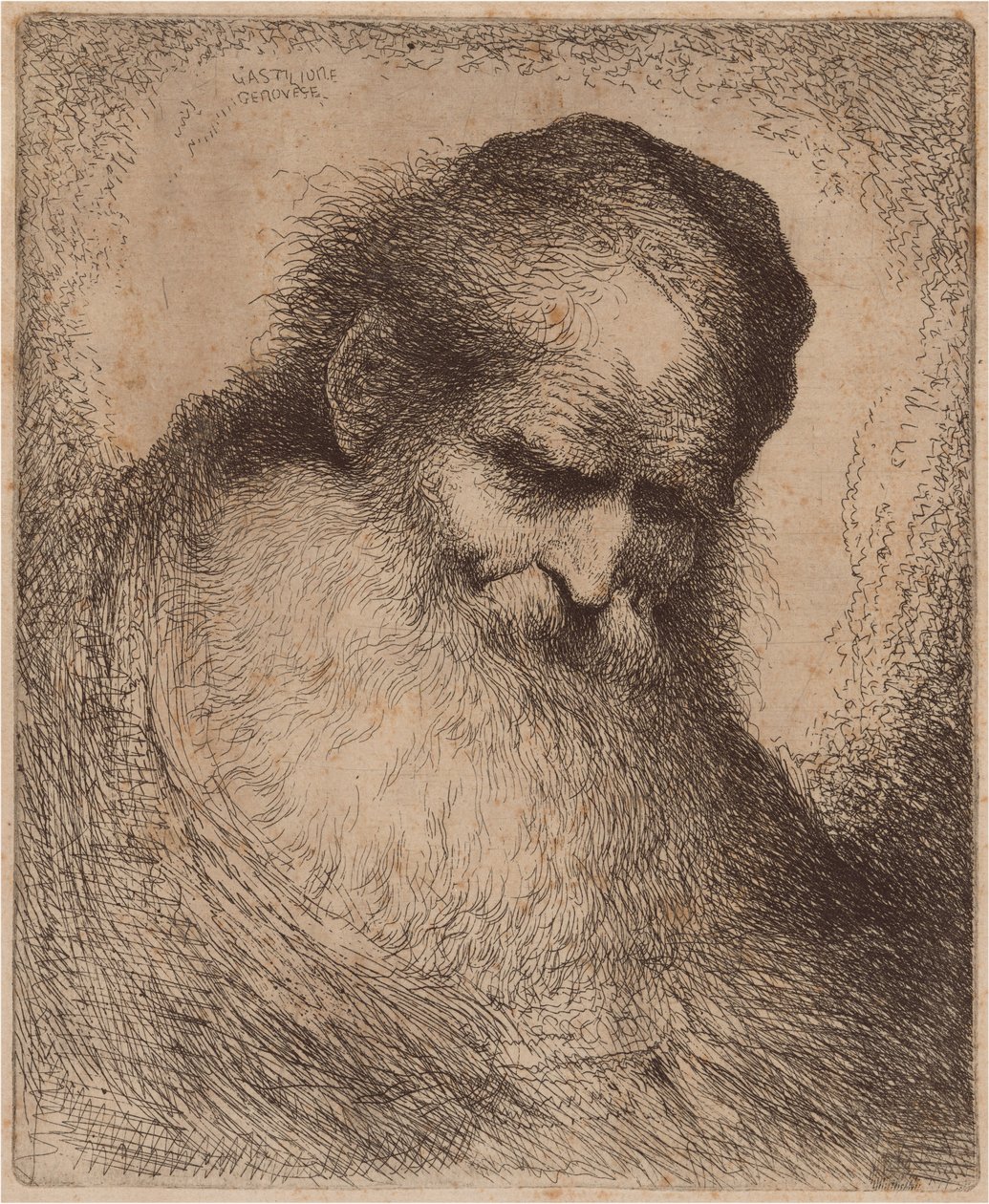 Old Man with a Long Beard and Skullcap, Leaning Forward by Giovanni Benedetto Castiglione
