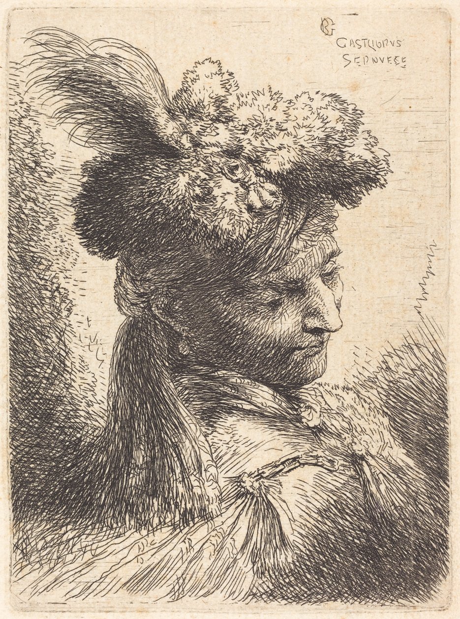 Young Man Wearing a Fur Headdress with a Headband, Facing Right by Giovanni Benedetto Castiglione