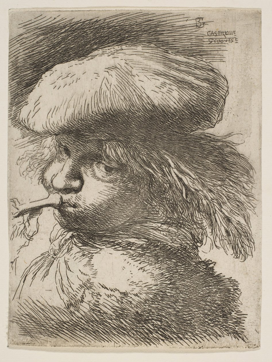 Young man with a trumpet facing left, from the series of Small Heads in Oriental... by Giovanni Benedetto Castiglione