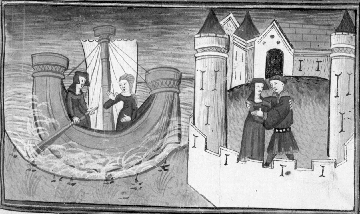 Decameron, Gostanza drifts on a boat; Gostanza reunites with Martuccio. Fifth day, story 2 by Giovanni Boccaccio