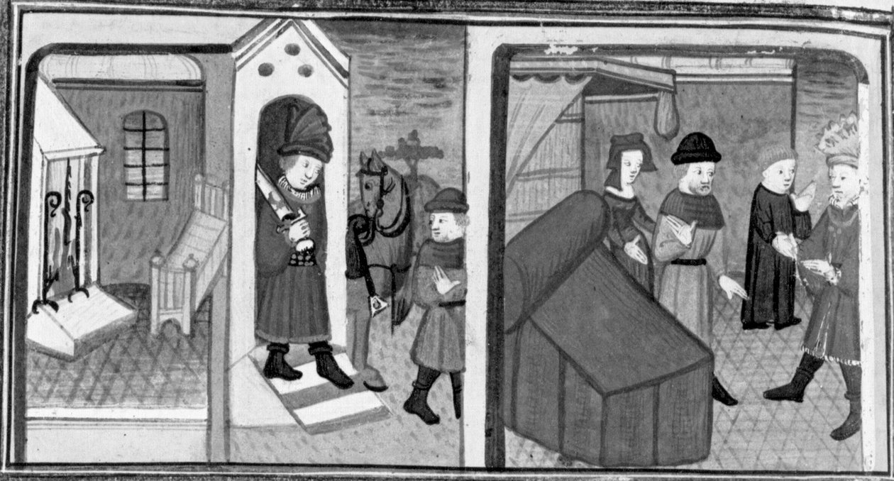 Decameron, Knight Lambertuccio escapes from Isabella's room; the woman ...