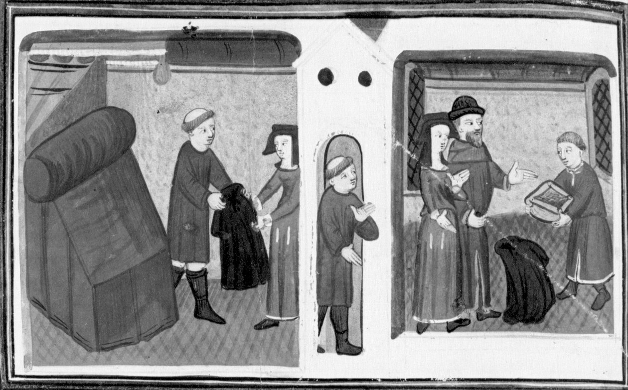 Decameron, The priest of Varlungo pawns his coat to Madame Belcolore; a clerk gives the woman a mortar. Eighth day, story 2 by Giovanni Boccaccio