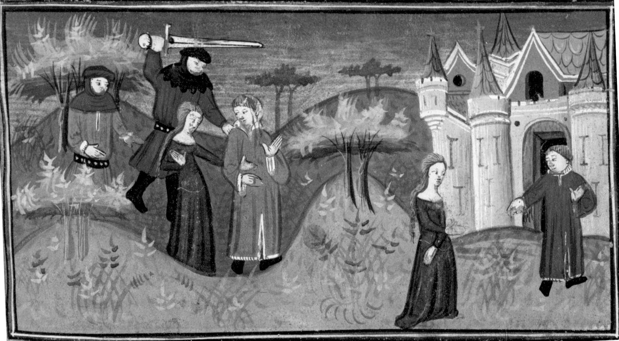 Decameron, Pietro Boccamazza and Agnolella are attacked in the woods; the couple reunites. Fifth day, story 3 by Giovanni Boccaccio