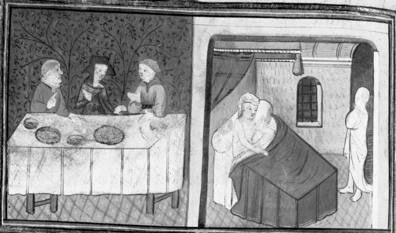 Decameron, Tingoccio and Meuccio sit at the table with Madame Mita; Tingoccio visits Meuccio after his death to share his impressions of the afterlife. Seventh day, story 10 by Giovanni Boccaccio