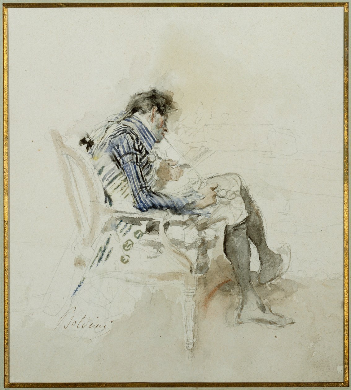 Gentleman Seated in an Armchair Reading a Book and Smoking a Pipe by Giovanni Boldini