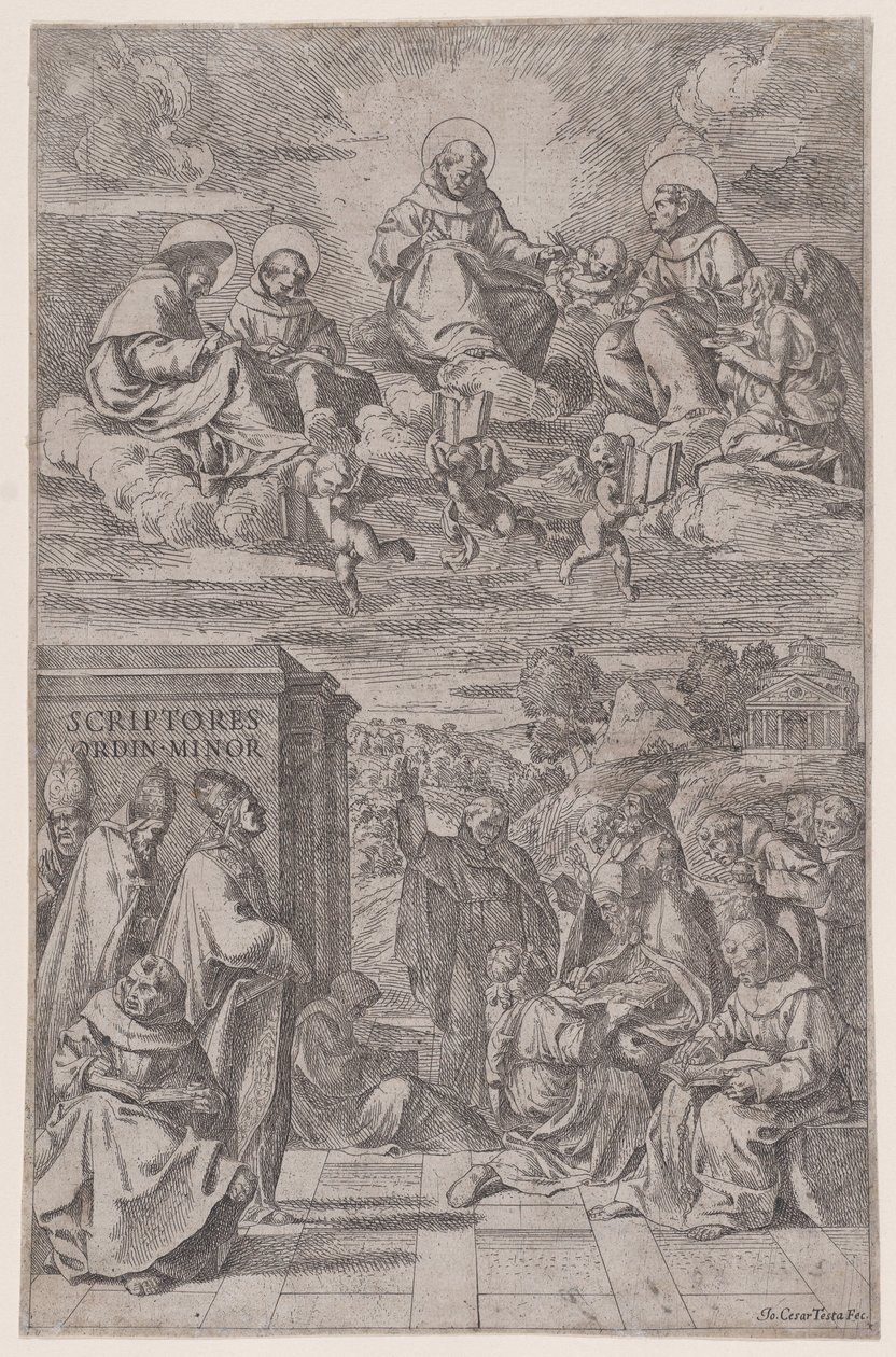Ecclesiastics in a Landscape Writing, Others in the Heavenly Realm Above by Giovanni Cesare Testa