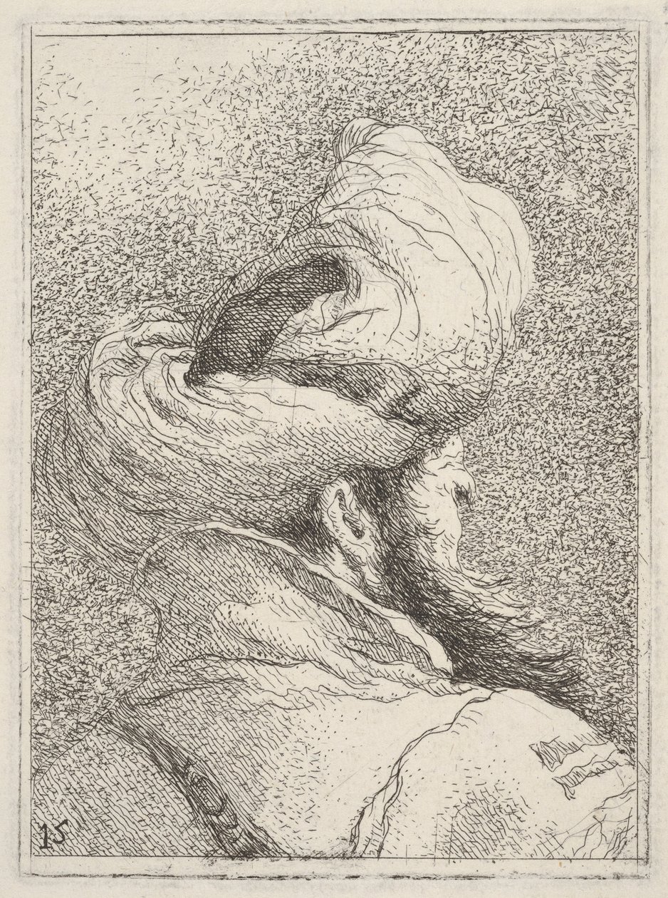 Bearded Man Wearing a Turban, Depicted in Bust Length from Behind in Three-Quarters View, from "Collection of Heads" (Raccolta di teste) by Giovanni Domenico Tiepolo