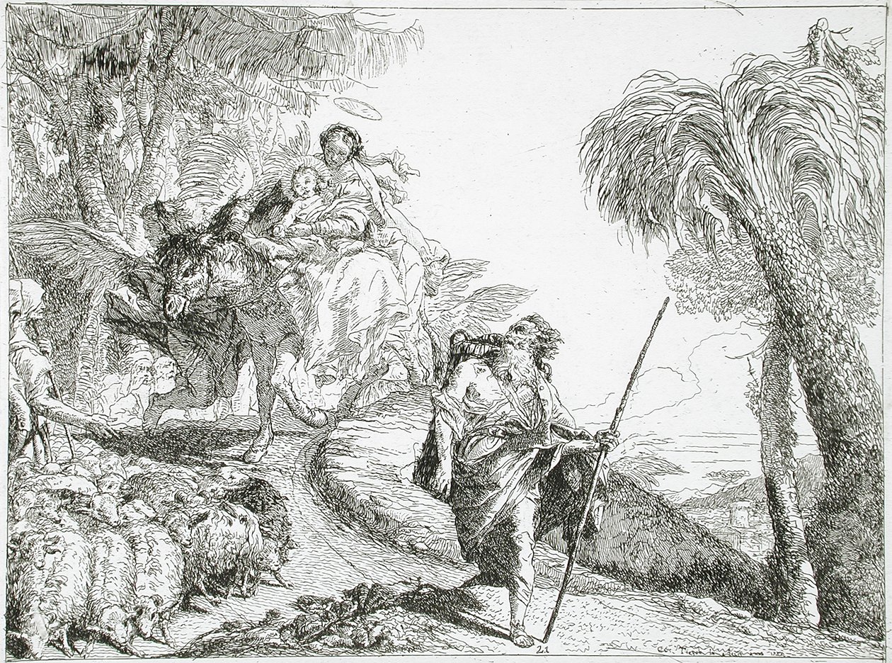 The Holy Family Descending a Forest Path, Near a Flock and Some Shepherds by Giovanni Domenico Tiepolo