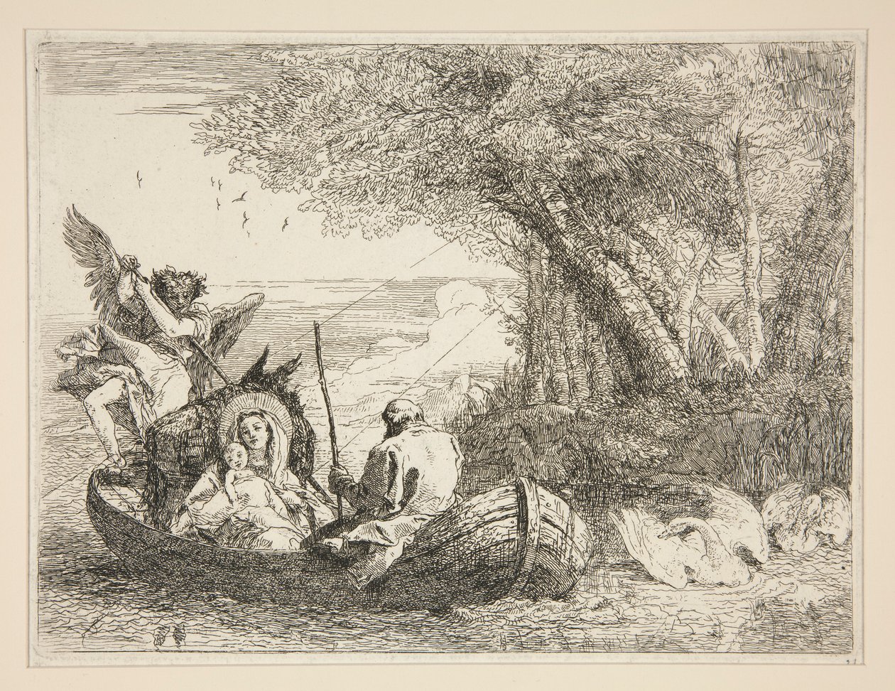 The Holy Family Traveling by Boat, from the series Idee pittoresche sopra la fuga in Egitto (Flight into Egypt) by Giovanni Domenico Tiepolo