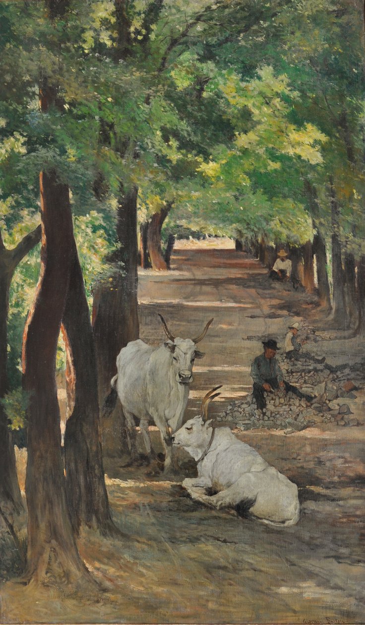 Avenue with oxen and stone breakers, c.1875 by Giovanni Fattori