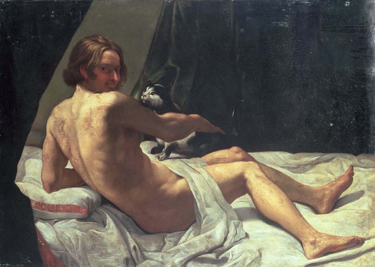 Young Man Lying on a Bed with a Cat by Giovanni Lanfranco