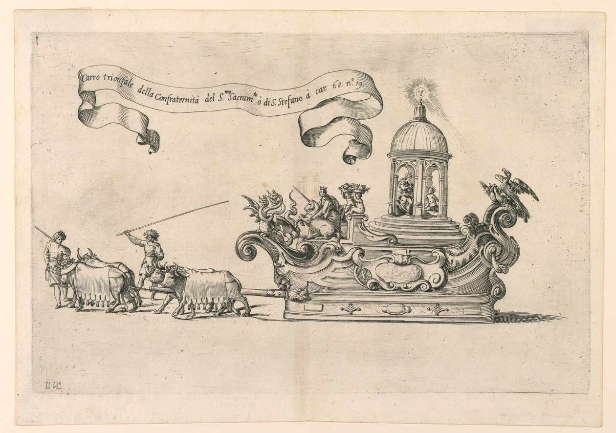 A parade float in Reggio, Italy: The Triumphal Carriage of the Confraternity of the Holy Sacrament of St. Stephen. Plate 2a from A. Isacchi, Relatione di Alfonso Isachi intorno l