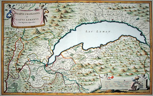 Lake Geneva, from a two-volume townbook of Savoy and Piedmont (engraved by Joannes de Broen) by Giovanni Tommaso (after) Borgionio