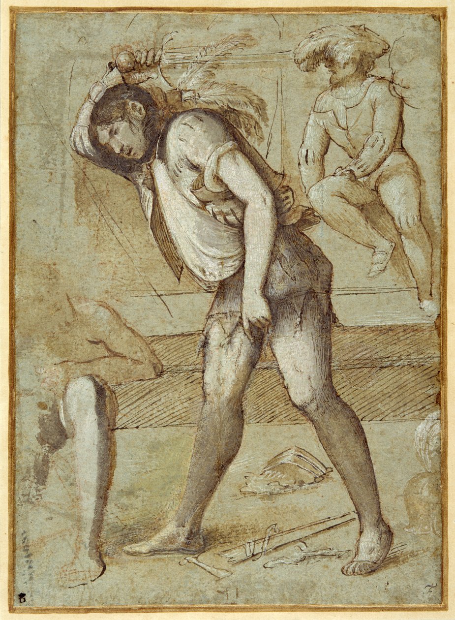 An executioner about to decapitate a bearded saint