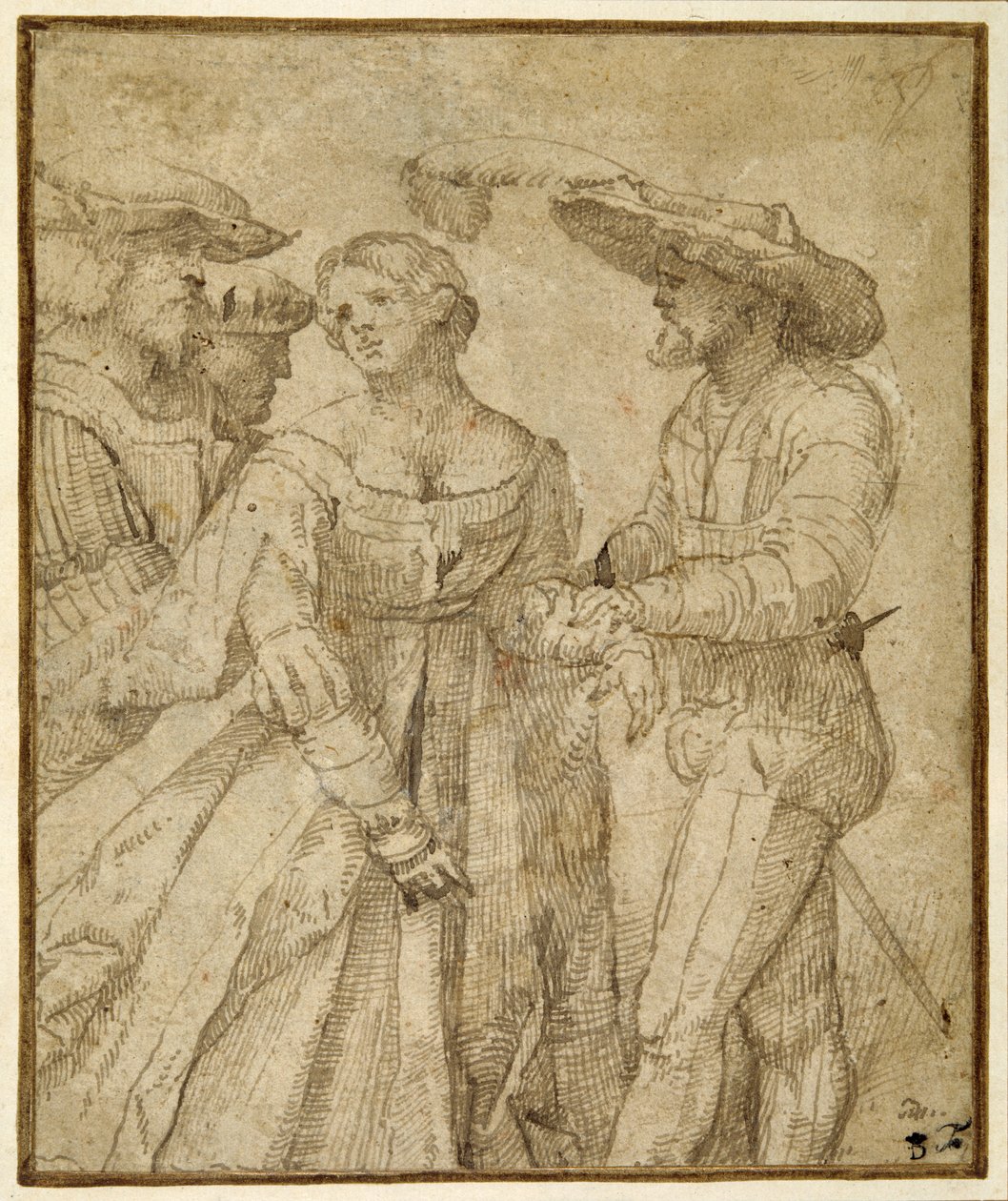 Scene of gallantry: four figures standing against a landscape background by Girolamo Romanino