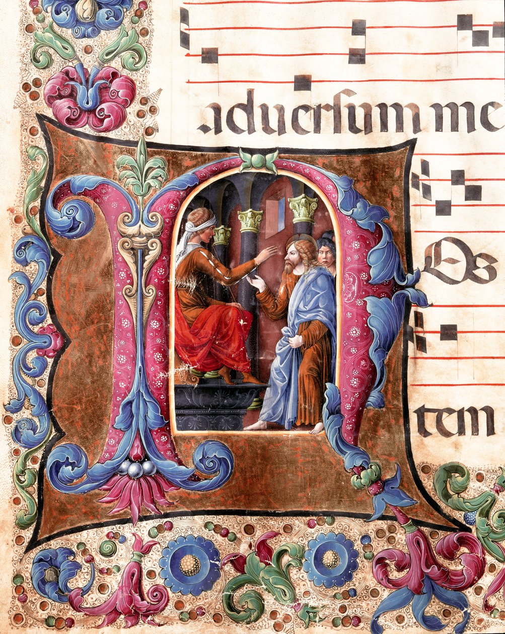 Decorated lettering representing Jesus Christ in front of Pontius Pilate. Miniature by Girolamo da Cremona (active around 1451-1483) and Liberale da Verona (1445-1529) from a choir (Cod. 22/7. c.22.) from the Cathedral of Siena. 15th century. by Girolamo da Cremona