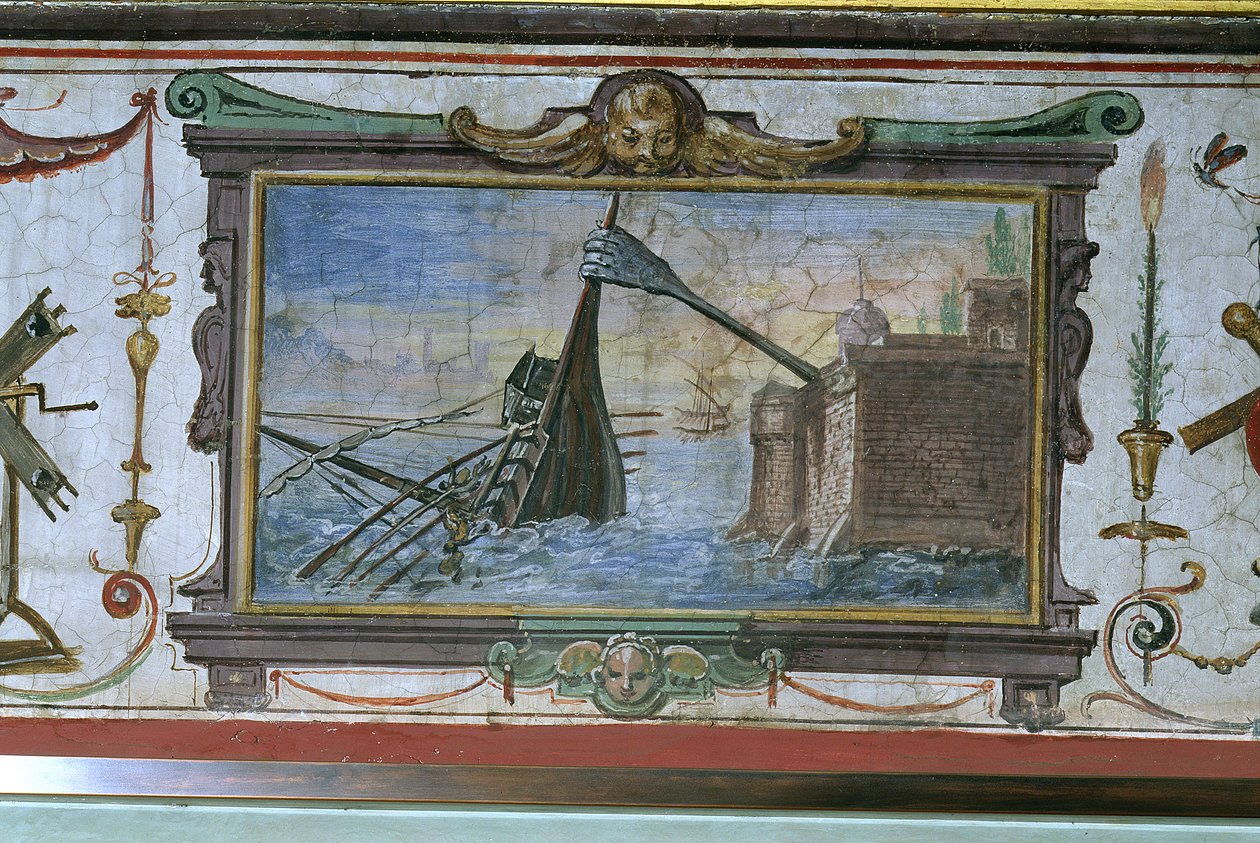A device that allowed Archimedes (c.287-12 BC) to drag a ship ashore, Stanza della Mattematica, 1587-1609 by Giulio Parigi