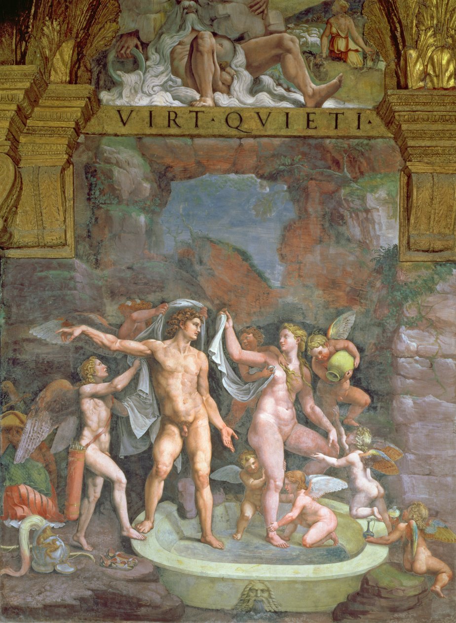Mars and Venus bathing, aided by Cupid and putti from the Sala di Amore e Psiche by Giulio Romano