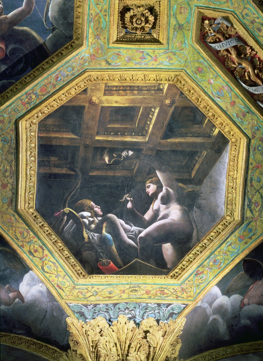 Psyche Sees Cupid While He Sleeps (ceiling caisson from the Sala di Amore e Psiche, 1528) by Giulio Romano