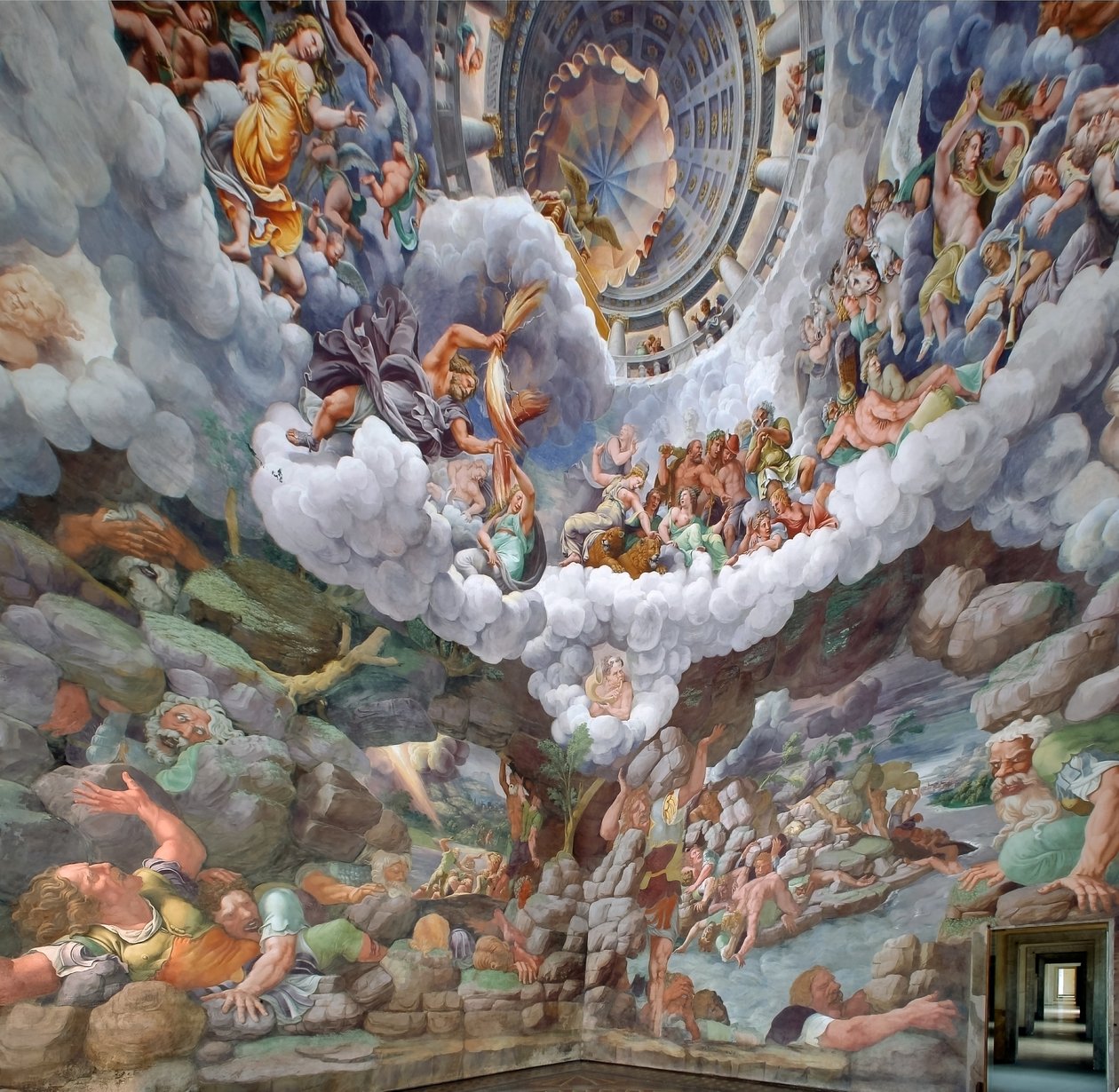 Zeus surrounded by other gods of Olympus throwing lightnings against ...