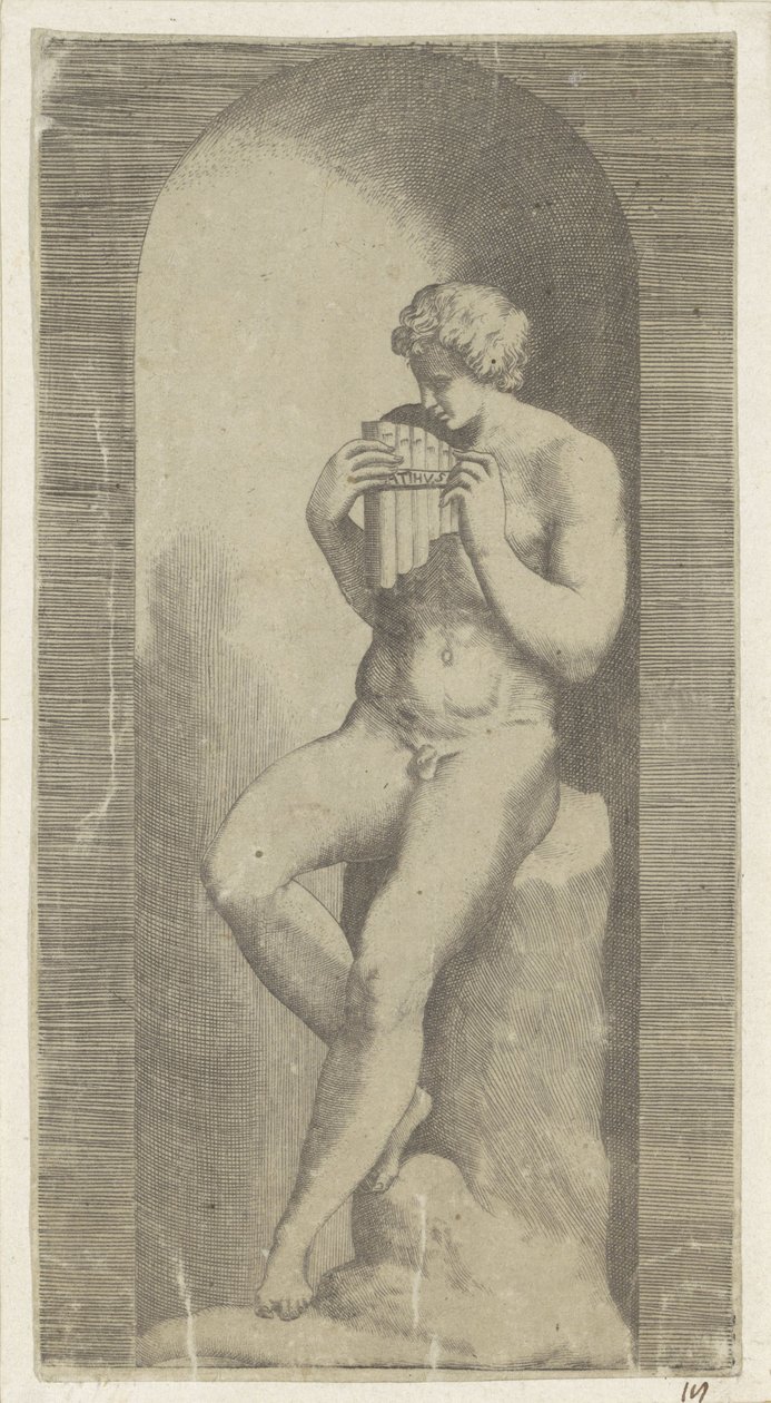 Naked Man with Pan Flute in a Niche by Giulio Bonasone (possibly)
