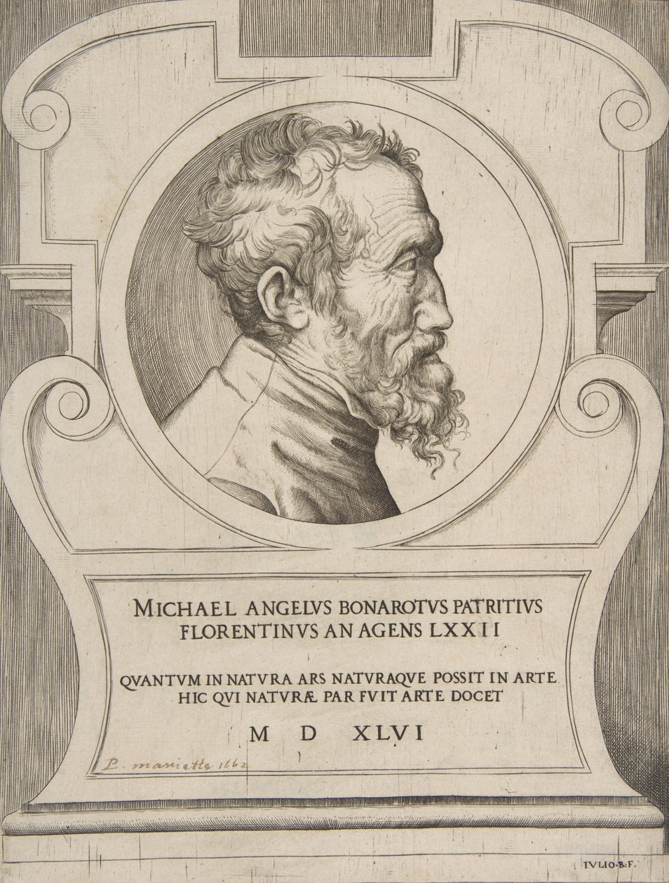 Bust portrait of Michelangelo facing right, set within a cartouche, 1546 by Giulio Bonasone