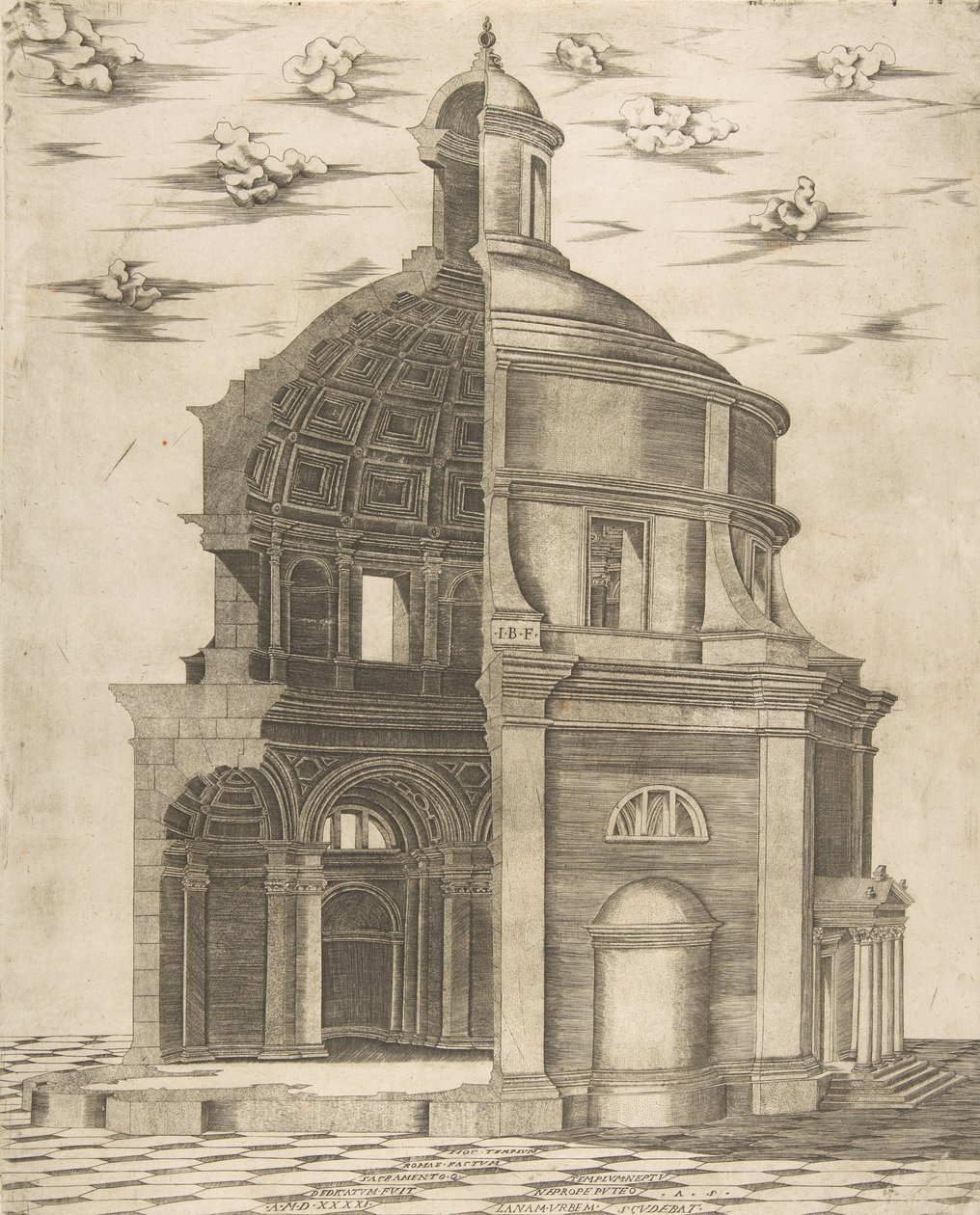Exterior and interior section of a temple in Rome dedicated to Neptune by Giulio Bonasone
