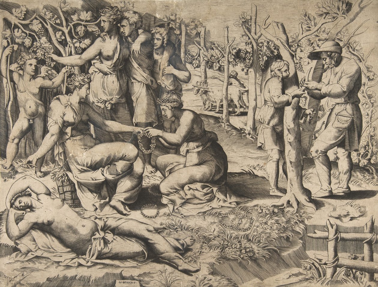 Flora in the centre passing a wreath to another woman, surrounded by other figures, mid-16th century by Giulio Bonasone
