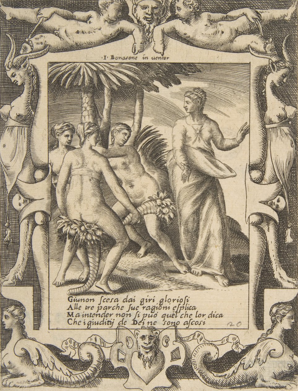 Juno at the right turning and speaking to the Fates, set within an elaborate frame by Giulio Bonasone