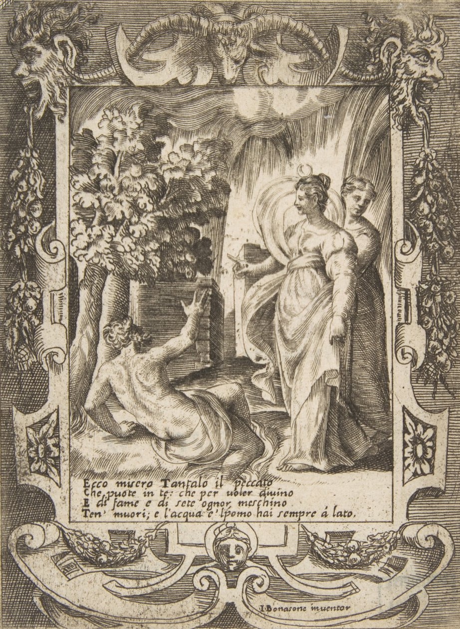 Tantalus at left speaking to Diana at right, set within an elaborate frame by Giulio Bonasone
