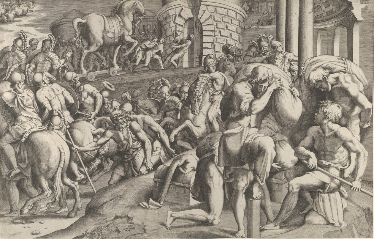 The Trojans hauling the wooden horse into Troy by Giulio Bonasone