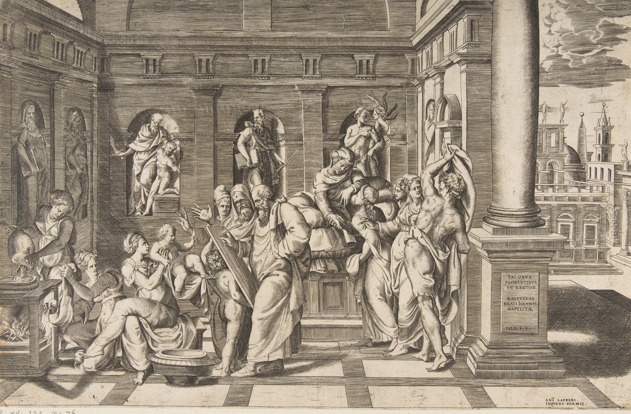 The birth of Saint John the Baptist set within a classical building by Giulio Bonasone